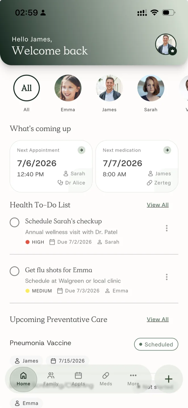 The Evera family health app running on a phone